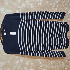 GAP Maternity Women's Navy and White Striped Crewneck Sweater